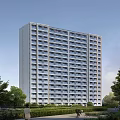 Modern High Rise Residential Buildings With Green Trees And Pedestrian Path