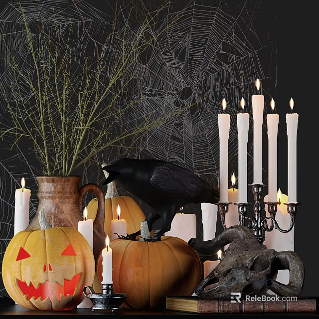 Halloween Decorative Ornament Set With Pumpkins Candles Raven Spider Web Twigs Clay Pot And Skull 3d model 