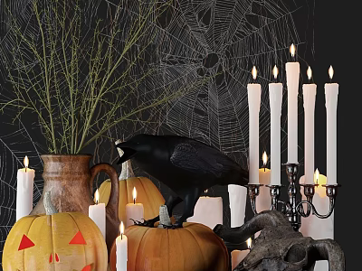 Halloween Decorative Ornament Set With Pumpkins Candles Raven Spider Web Twigs Clay Pot And Skull 3d model