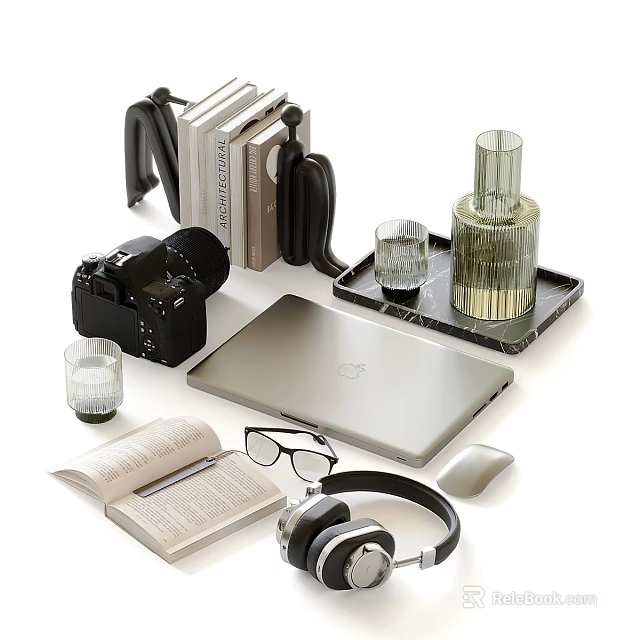 Modern Decorative Accessories Collection Featuring Camera Books Laptop Headphones And Tray 3d model 