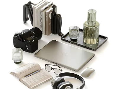 Modern Decorative Accessories Collection Featuring Camera Books Laptop Headphones And Tray 3d model