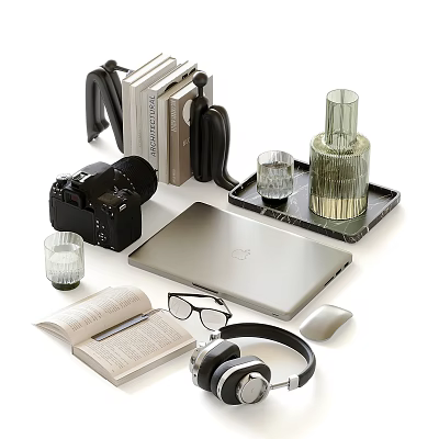 Modern Decorative Accessories Collection Featuring Camera Books Laptop Headphones And Tray 3d model
