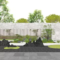 Modern Stone Scenic Wall With Green Trees Black Rocks Lawn And Paved Ground
