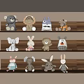 Decorative Plush Animal Ornament Set with Various Animal Designs on Wooden Shelf for Home Decor