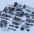Different Types Of Black Mechanical Parts And Tools Scattered On Light Background