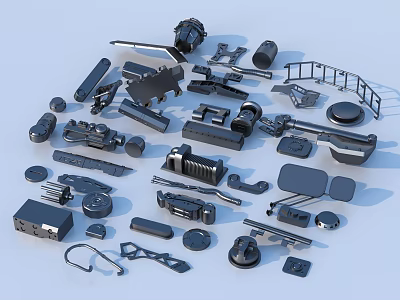Different Types Of Black Mechanical Parts And Tools Scattered On Light Background 3d model