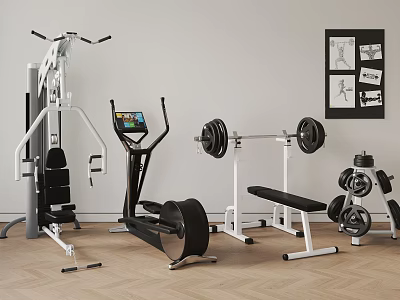 Home Gym Fitness Equipment With Multi Functional Trainer Elliptical Machine Barbell Dumbbells And Weight Bench 3d model