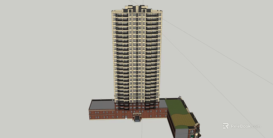 Modern High Rise Residential Building With Red Brick Base And Multiple Windows 3d model