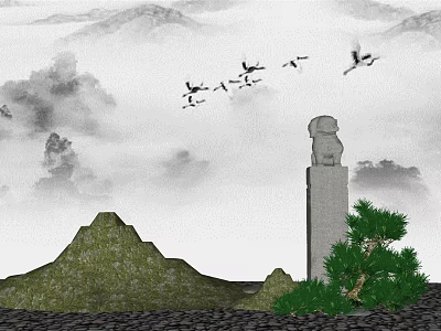 Traditional Chinese Garden Ornaments With Stone Lion Statue Pine Tree Rockery And Flying Cranes 3d model