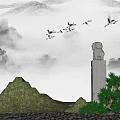Traditional Chinese Garden Ornaments With Stone Lion Statue Pine Tree Rockery And Flying Cranes