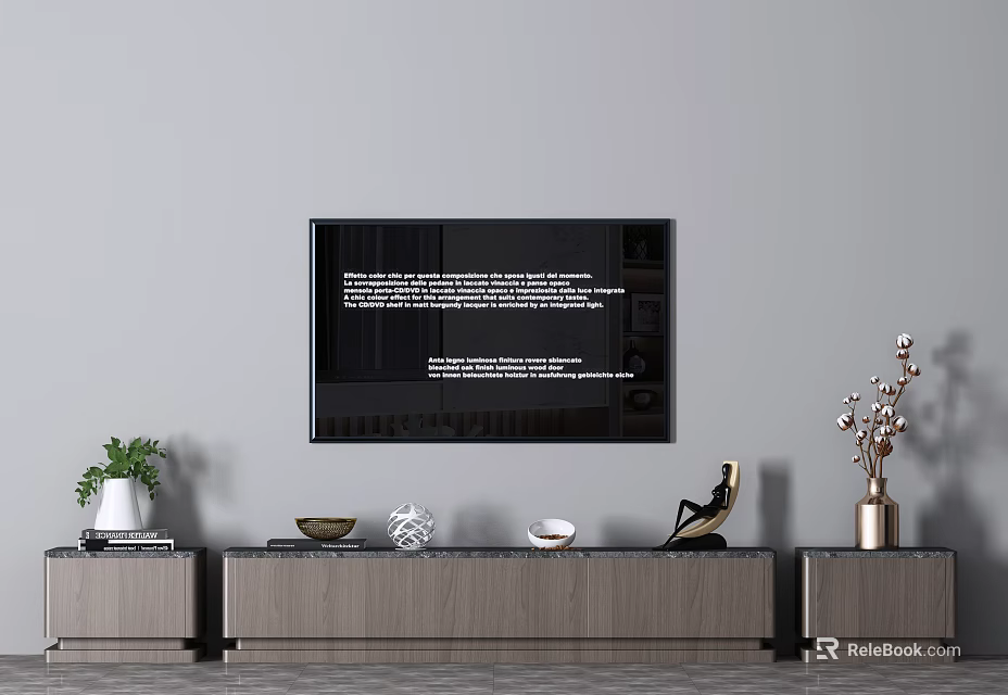 Modern Wooden TV Stand With TV Decorative Items And Potted Plant In Living Room 3d model 