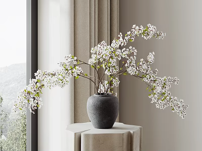 Gray Vase With White Blossom Branches On Table By Window With Curtain And Mountain View 3d model