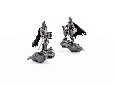 Batman Armored Statues With Cloaks On Dragon Head Bases Holding Weapons 3d model