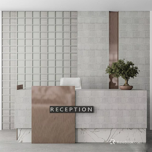 Modern Reception Desk With Gray Wooden Surface RECEPTION Sign Textured Wall Green Plant And White Chair 3d model 