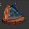 Sliced Fish With Blue Spotted Exterior And Red Interior On Circular Red Wooden Base