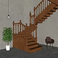 Wooden Staircase With Carved Balusters Green Plant And Gray Chair In Room