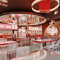 Modern Elegant Restaurant Interior With Red Decor Circular Bar Counter Transparent Chairs And Menu Posters 3d model