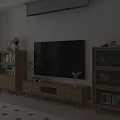 Modern Wooden TV Stand with Storage in Living Room Featuring Mounted TV and Side Bookshelves