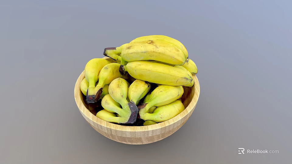 Fresh Ripe Bananas in a Wooden Bowl Full of Yellow Fruits on Gray Background 3d model 