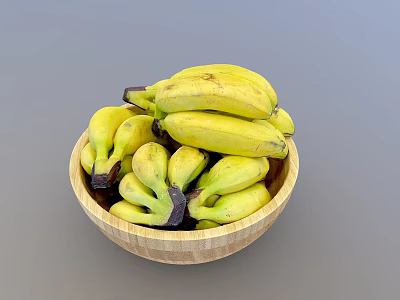 Fresh Ripe Bananas in a Wooden Bowl Full of Yellow Fruits on Gray Background 3d model