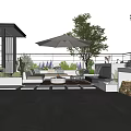 Stylish Roof Garden Terrace With Outdoor Sofa White Parasol And Green Plants