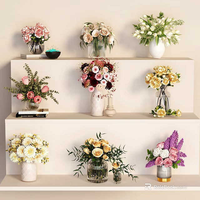 Decorative Ornament Set With Colorful Flower Bouquets And Vases On Tiered Shelves 3d model 