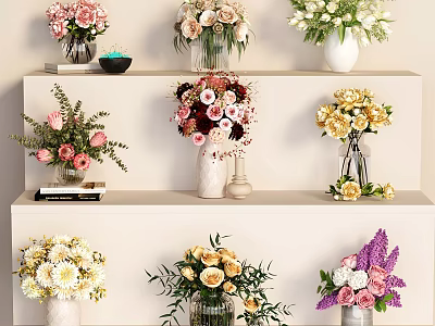 Decorative Ornament Set With Colorful Flower Bouquets And Vases On Tiered Shelves 3d model