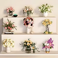 Decorative Ornament Set With Colorful Flower Bouquets And Vases On Tiered Shelves