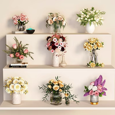 Decorative Ornament Set With Colorful Flower Bouquets And Vases On Tiered Shelves 3d model
