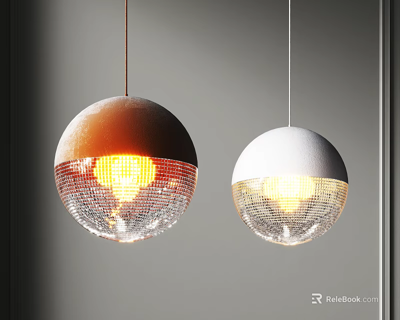 Hanging Brown And White Spherical Mesh Design Chandelier With Warm Illuminated Light 3d model 