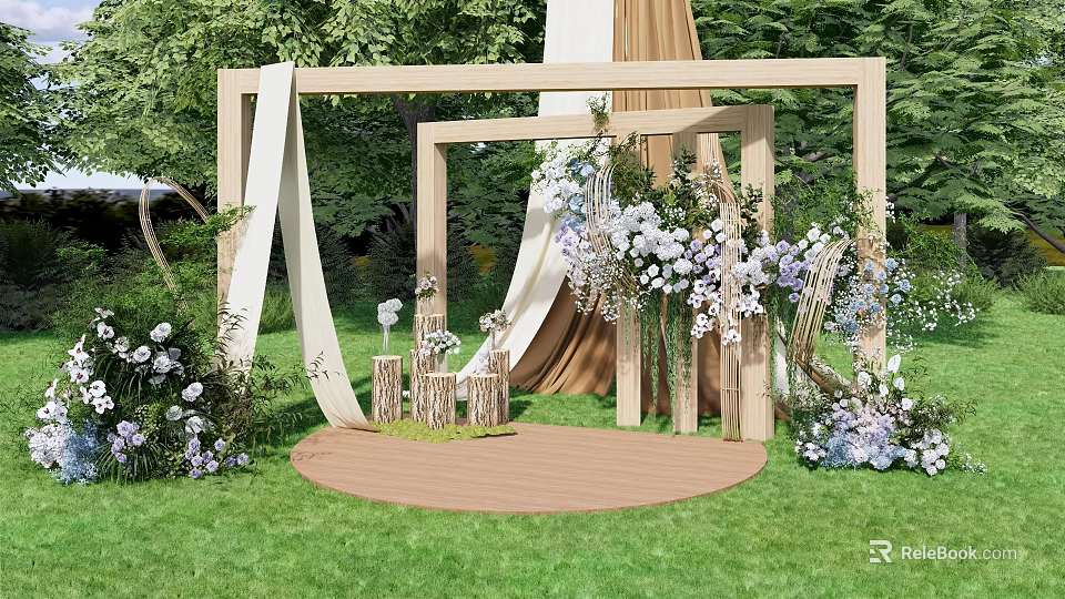 Outdoor Floral Installation With Wooden Frames Hanging White Purple Flowers And Green Grass 3d model 
