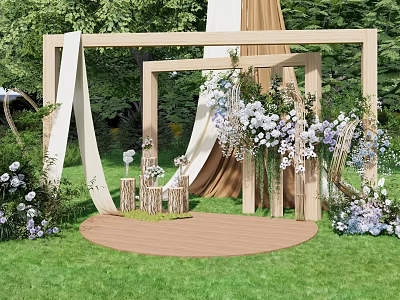 Outdoor Floral Installation With Wooden Frames Hanging White Purple Flowers And Green Grass 3d model