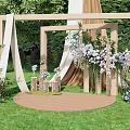 Outdoor Floral Installation With Wooden Frames Hanging White Purple Flowers And Green Grass