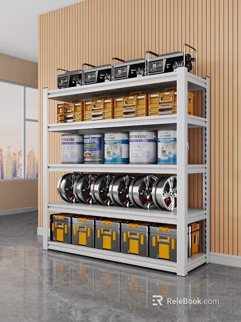 Multi Layer Metal Shelf With Yellow Boxes White Cans Silver Wheels Window And Wooden Wall 3d model 