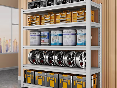 Multi Layer Metal Shelf With Yellow Boxes White Cans Silver Wheels Window And Wooden Wall 3d model