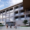 Modern Office Building with Glass Curtain Walls Surrounded by Greenery and Spacious Front Yard