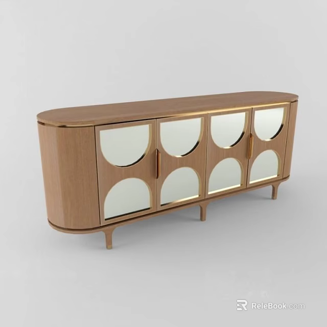 Wooden Entryway Cabinet Sideboard With Gold Frame Round Mirrored Doors Tapered Legs Modern Design 3d model 
