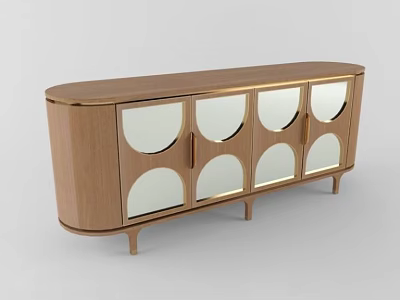Wooden Entryway Cabinet Sideboard With Gold Frame Round Mirrored Doors Tapered Legs Modern Design 3d model
