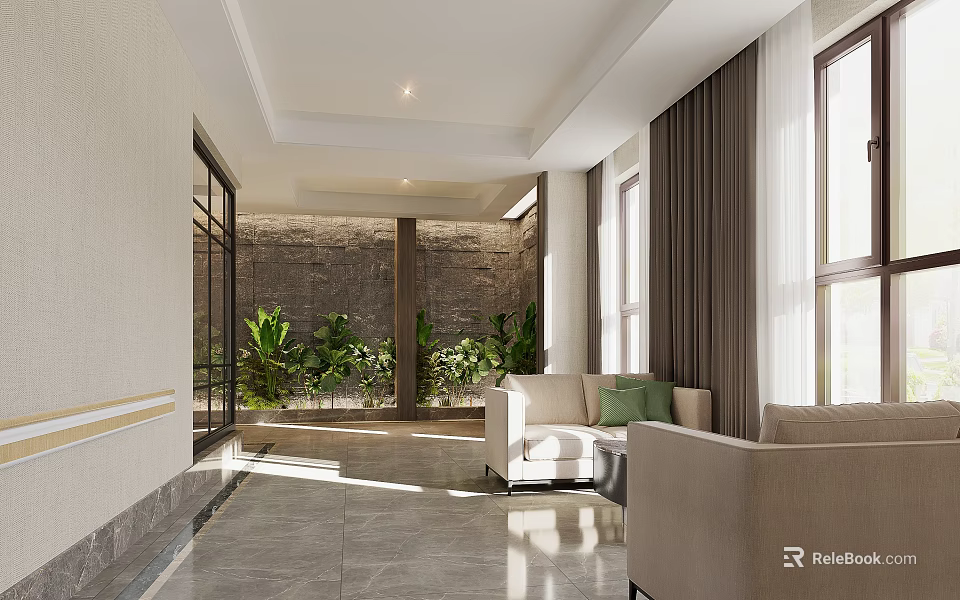 Spacious Modern Elevator Lobby With Sofa Green Plants Large Windows And Natural Light 3d model 