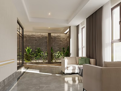 Spacious Modern Elevator Lobby With Sofa Green Plants Large Windows And Natural Light 3d model
