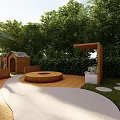 Scenic Outdoor Garden Space With Wooden Huts Gazebo Greenery And Wooden Fence