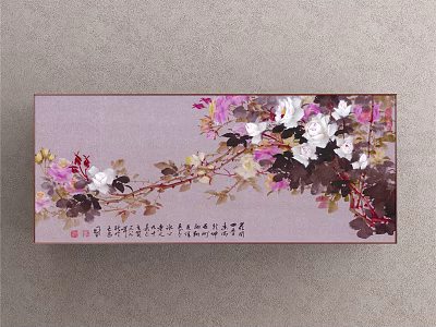 Vibrant Botanical Painting With Pink White Flowers And Brown Branches On Beige Background 3d model