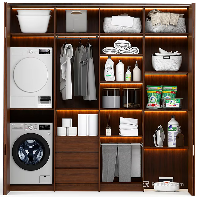 Bathroom Cabinetry With Washing Machine Dryer Hanging Folded Towels Toiletries And Toilet Paper Storage 3d model 