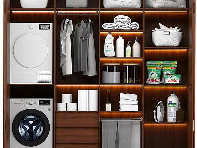 Bathroom Cabinetry With Washing Machine Dryer Hanging Folded Towels Toiletries And Toilet Paper Storage 3d model