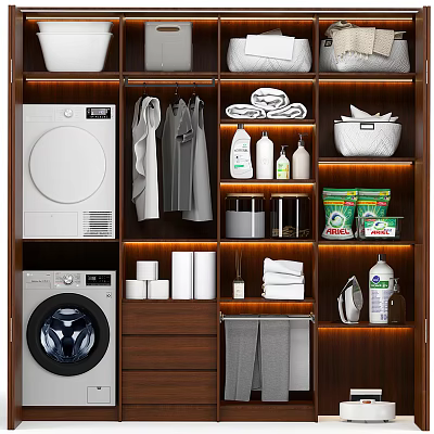 Bathroom Cabinetry With Washing Machine Dryer Hanging Folded Towels Toiletries And Toilet Paper Storage 3d model