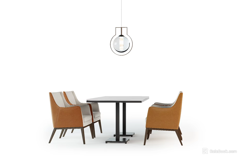 Modern Dining Table Set With Brown Beige Chairs And Hanging Pendant Light 3d model