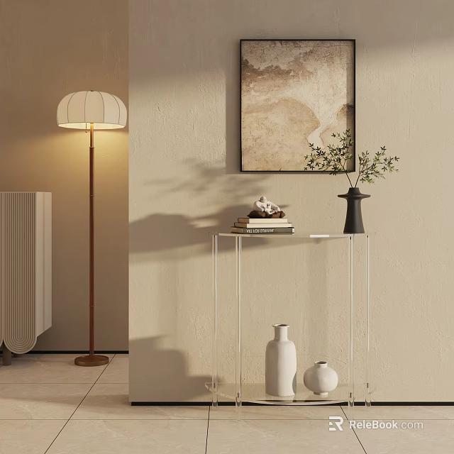 Modern Transparent Glass Side Table With Wall Art Vase Plant And Books 3d model 
