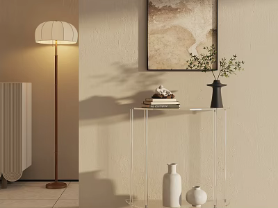 Modern Transparent Glass Side Table With Wall Art Vase Plant And Books 3d model