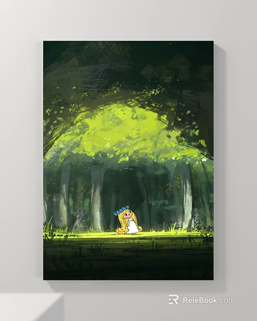 Landscape Painting Forest Tunnel Sunlight Through Leaves Cartoon Character In Blue Headscarf Sitting On Grass 3d model 