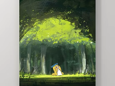 Landscape Painting Forest Tunnel Sunlight Through Leaves Cartoon Character In Blue Headscarf Sitting On Grass 3d model